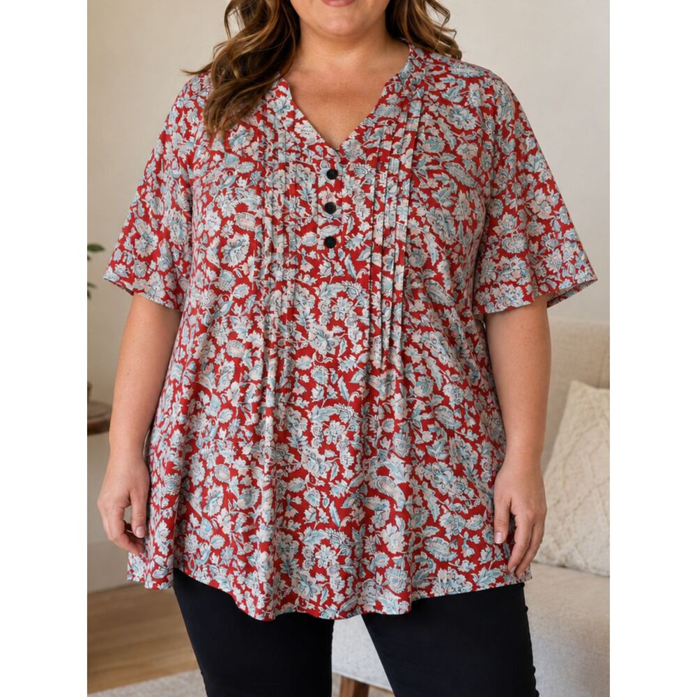 HOCOSIT XXL Red Floral Boho Tunic Shirt Short Sleeve V-Neck Plus Size Top